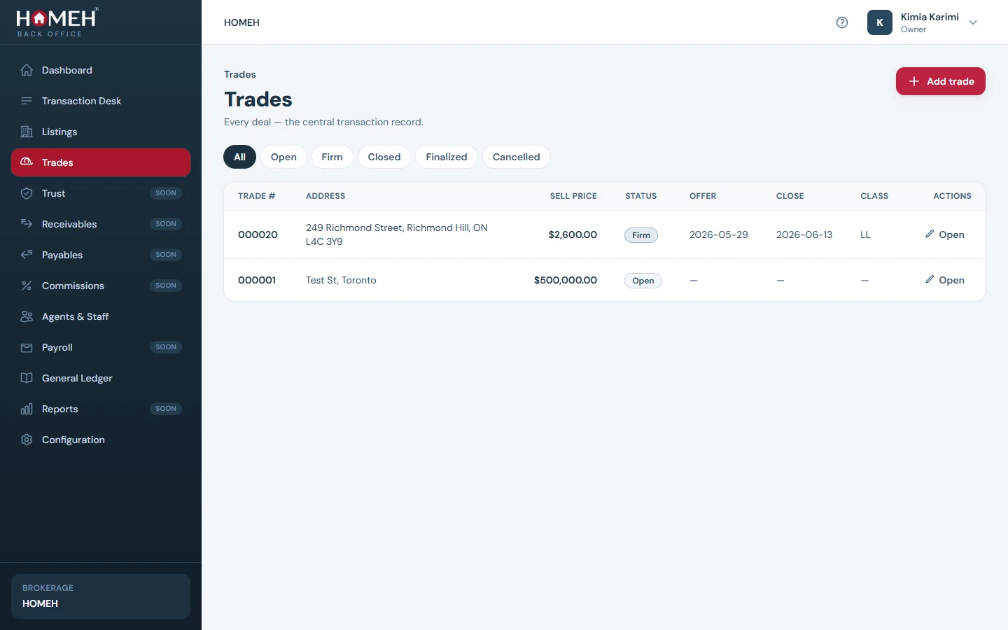 The HOMEH trades register — every trade with price, status and quick actions